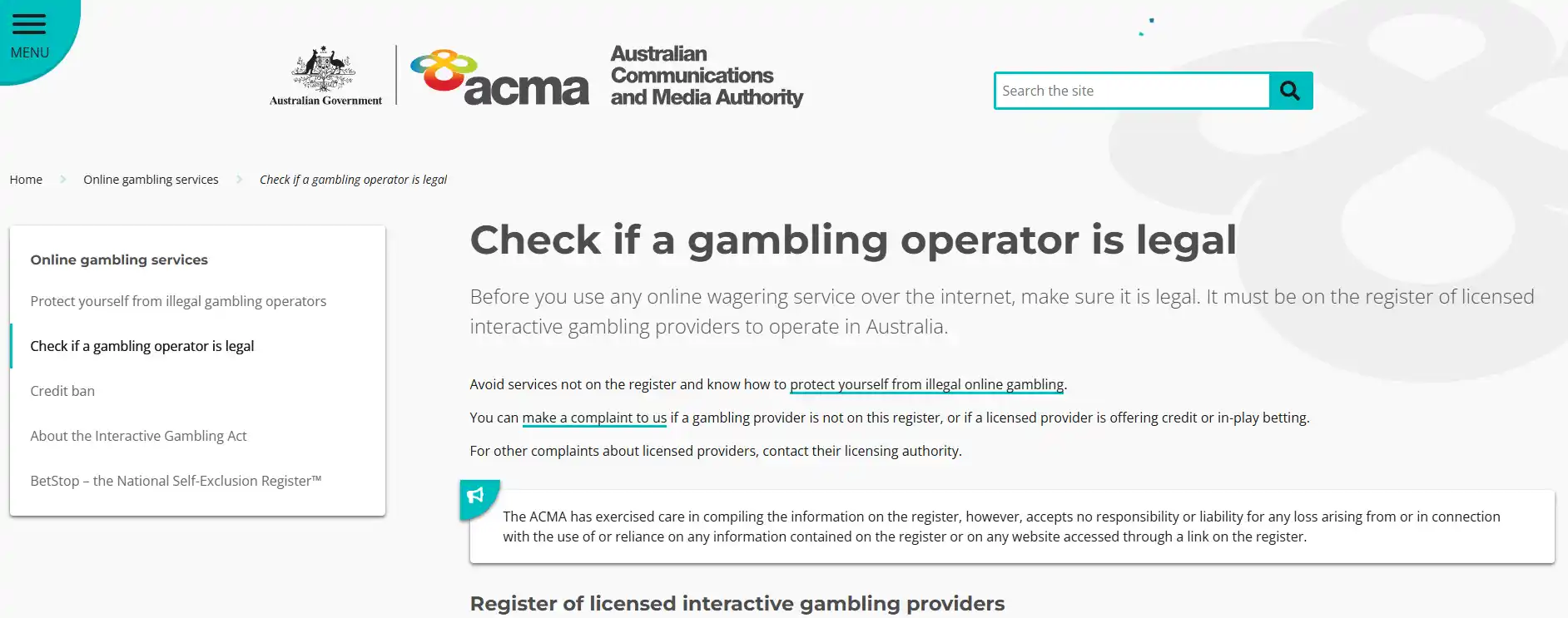 ACMA page showing the Australian licensed interactive gambling provider register or online gambling guidance